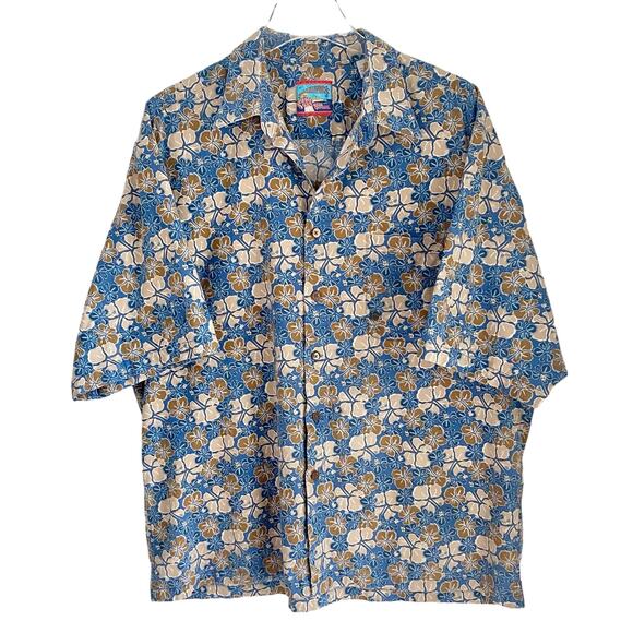 Vintage Reyn Spooner Joe Kealoha Hawaiian Shirt Men XL Blue Tan Florals Aloha - Picture 1 of 7